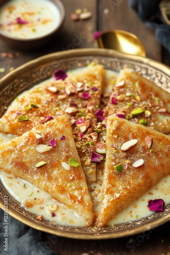 Indian Dessert Shahi Tukda on a Royal Golden Plate with Rabdi, Nuts, and Rose Petals photo