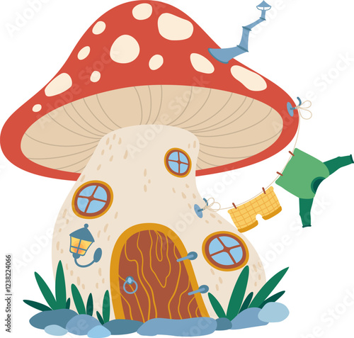 Cute mushroom house with clothes hanging, chimney, windows, door, grass, rocks and lantern, creating a magical and whimsical fairy tale atmosphere