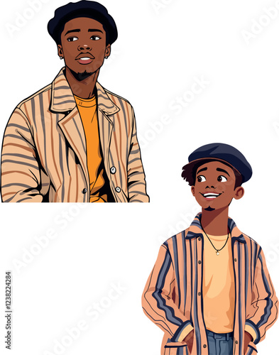 Two black men wearing berets and striped jackets are looking away