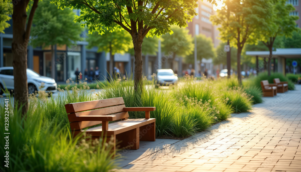 Urban plaza with eco-friendly benches made from recycled materials. Green native plants, sustainable architecture. Sunny day. City street in background. Beautiful public space. Quiet moment. Perfect