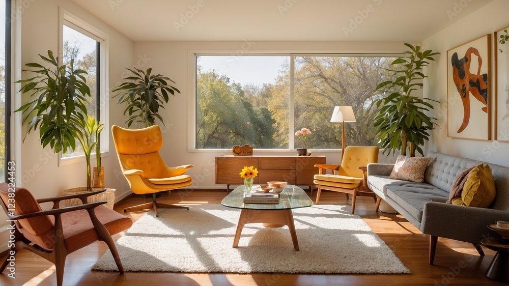 Obraz premium Cozy and modern living room features large windows and stylish furnishings in a sunlit setting