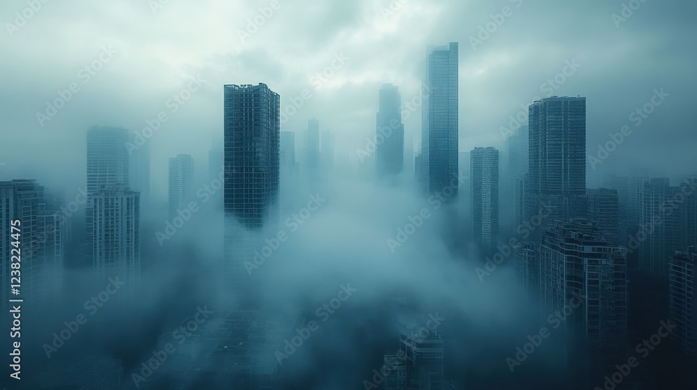 Fog Envelops Skyscrapers in a Modern Urban Landscape. Generative AI Fog Envelops Skyscrapers in a Modern Urban Landscape. Generative AI