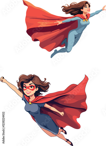 Two businesswomen wearing red capes flying like superheroes