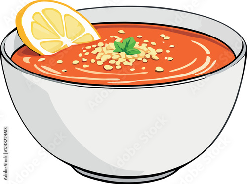 Tomato soup with lemon, basil and croutons in a white bowl