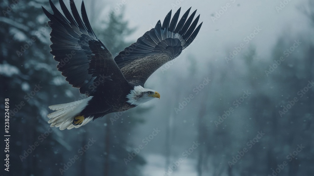 Fototapeta premium Majestic eagle soaring through a snowy forest on a winter day
