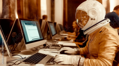 Person in an astronaut suit working at a computer