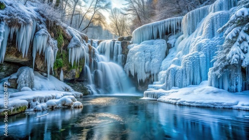 Serene frozen waterfall with intricate ice formations and frosty mist in a winter wonderland setting , nature, frozen