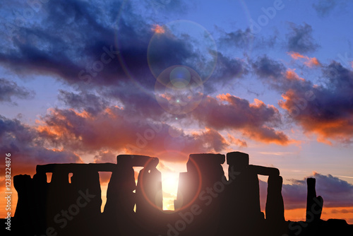 Stonehenge at dawn , Wiltshire, UK. Stonehenge is a prehistoric megalithic structure on Salisbury Plain