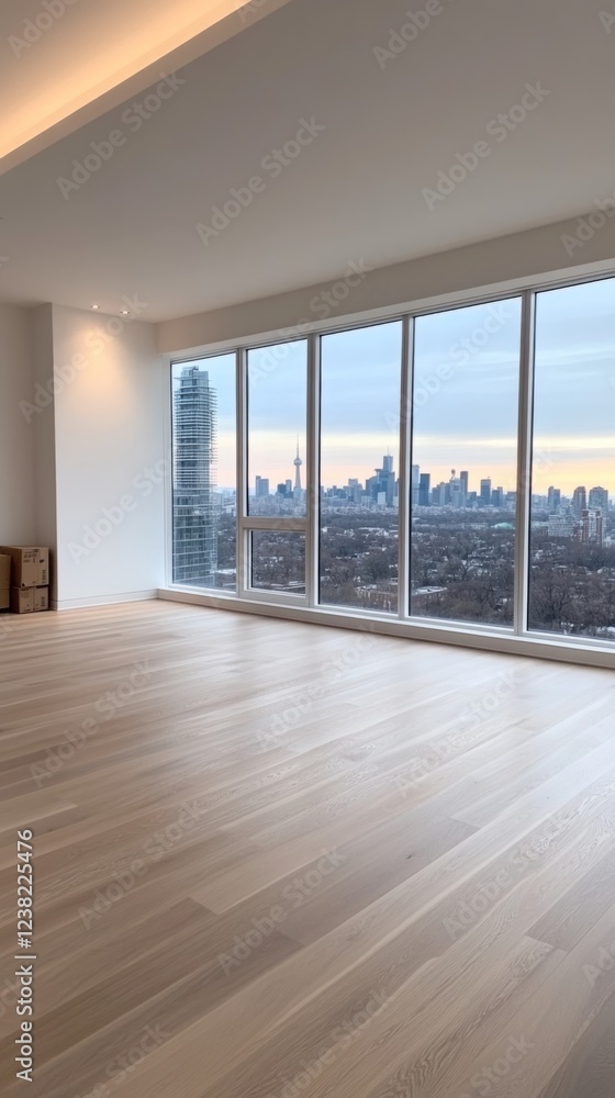 Fototapeta premium Bright empty room with natural wood flooring, large windows showing city skyline view, minimalistic design, urban living concept 