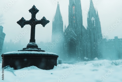 A gothic stone fountain in the middle of a desolate town square, with water trickling faintly, symbolizing the necessity of survival in a bleak world photo