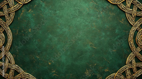 Elegant celtic knot border on textured green background with gold accents
