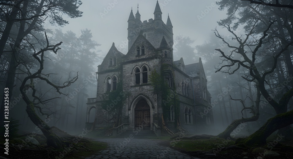 Mysterious Foggy Castle in Dark Forest Landscape Mysterious Foggy Castle in Dark Forest Landscape