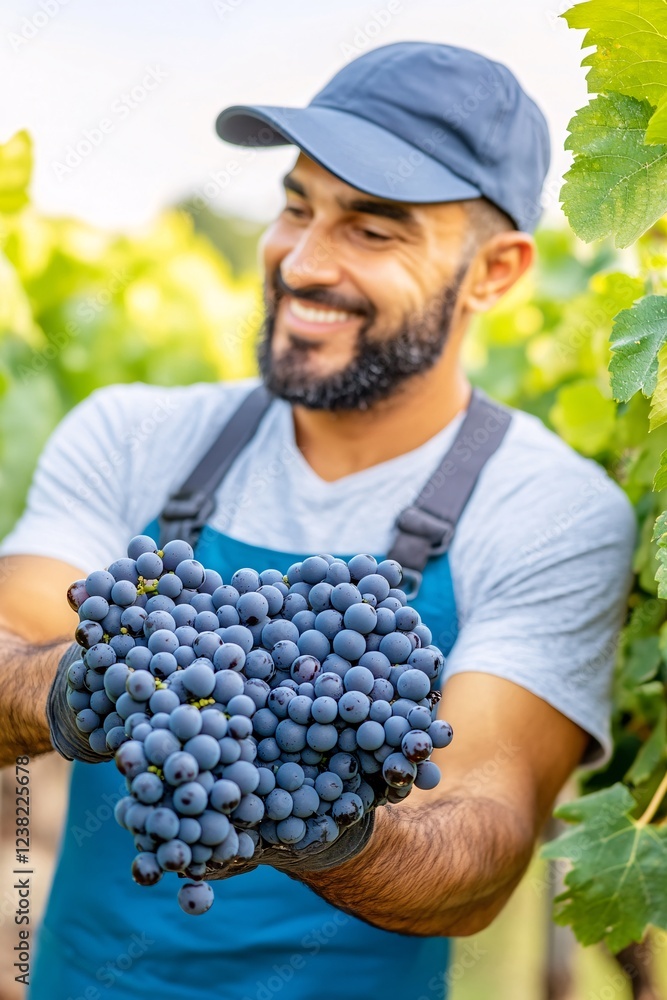 Obraz premium A vineyard farmer inspects ripe grapes under the sunlight, surrounded by lush green vines. The scene reflects dedication, agriculture, and the beauty of winemaking