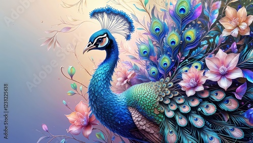 Wallpaper Mural Colorful peacock with flowing feathers and pink flowers fantasy artwork illustration Torontodigital.ca