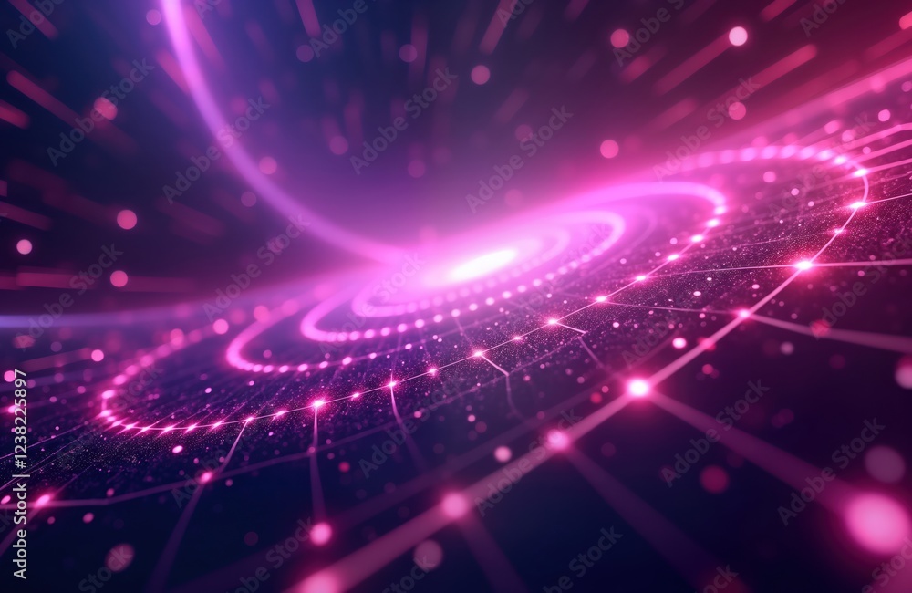 Fototapeta premium Abstract tech background displays dynamic purple curves. Futuristic glow, light rays create sense of speed, energy. Network of connected points, lines generate radiant effect. Hyperspace theme with