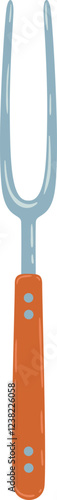 Large meat fork with an orange handle and two metallic prongs is standing upright against a white background, ready for use in a kitchen or barbecue setting