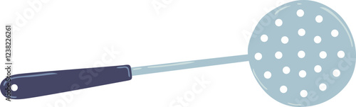 Cartoon illustration of a skimmer with a dark blue handle and a light blue perforated ladle, ideal for frying and serving food in the kitchen