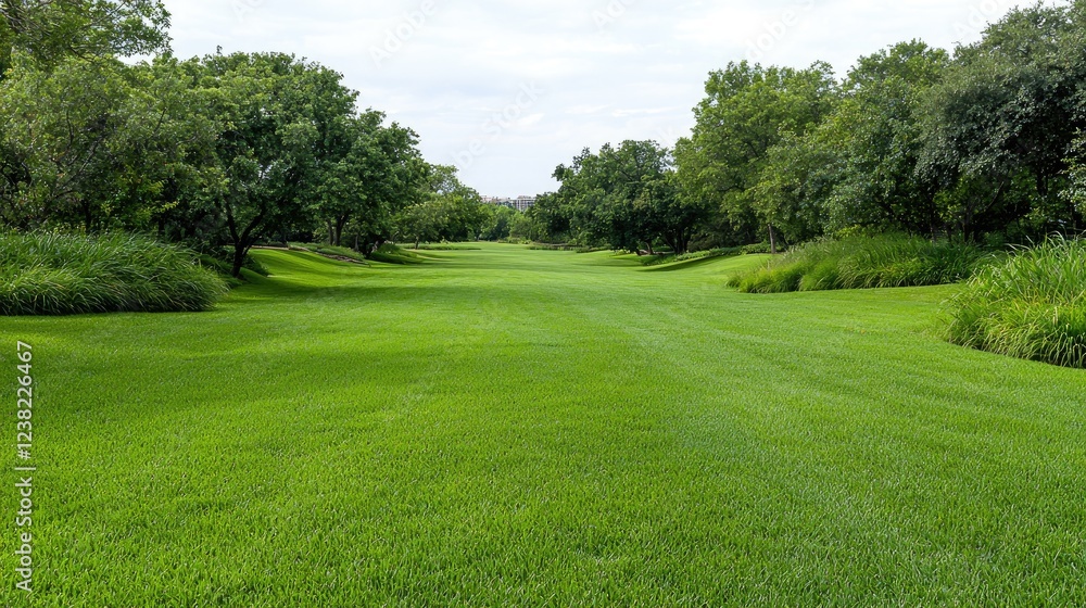 Lush green park pathway, trees, cloudy sky.  Landscaping design