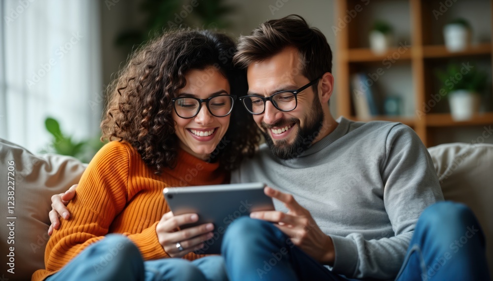 Couple sits on couch looking at tablet for house listings. Smiling faces, tech tools highlight happy home search. Browsing together for new house. Cozy atmosphere suggests lifestyle. Family moment. Couple sits on couch looking at tablet for house listings. Smiling faces, tech tools highlight happy home search. Browsing together for new house. Cozy atmosphere suggests lifestyle. Family moment.