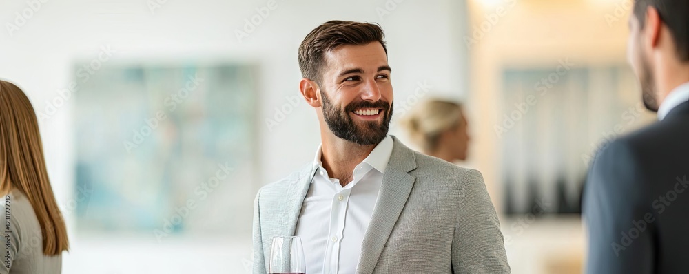 Reunion party concept. A confident man in a suit smiling during a corporate networking event. Reunion party concept. A confident man in a suit smiling during a corporate networking event.