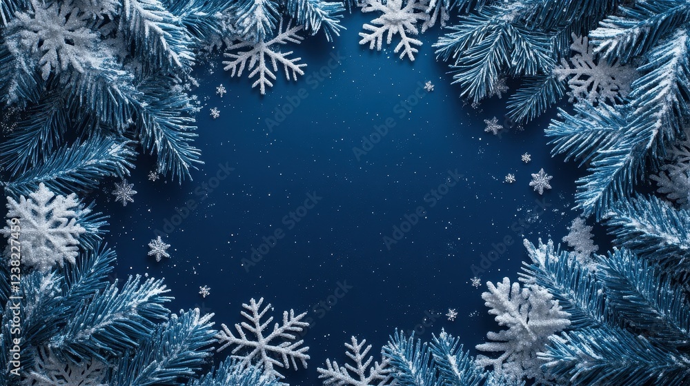 Snowy branches and snowflakes frame a blue background. Perfect for winter, holiday, or Christmas designs needing a festive border. Snowy branches and snowflakes frame a blue background. Perfect for winter, holiday, or Christmas designs needing a festive border.