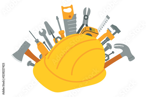 Vector of different repair tools such as drill, hammer, screwdriver, wrench and helmet