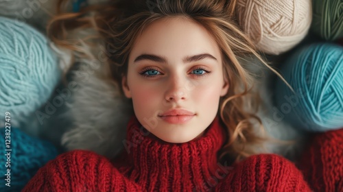 A beautiful girl with striking blue eyes dons a warm red sweater, enveloped by an array of colorful yarn. The peaceful indoor atmosphere adds to the charm of this serene afternoon scene photo