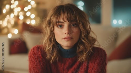 Beautiful blue-eyed girl wearing a cozy sweater gazes thoughtfully while sitting in a warmly decorated room adorned with festive lights during the holiday season