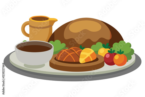 Traditional Sunday Roast with Yorkshire Pudding, Vector Illustration, Delicious Meal, Classic British Dish, White Background, Tasty Comfort Food, Digital Art
