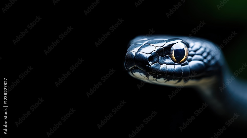 The lunar snake is gracefully poised against a deep black background, which beautifully accentuates its intricate textures and mesmerizing golden eyes The lunar snake is gracefully poised against a deep black background, which beautifully accentuates its intricate textures and mesmerizing golden eyes