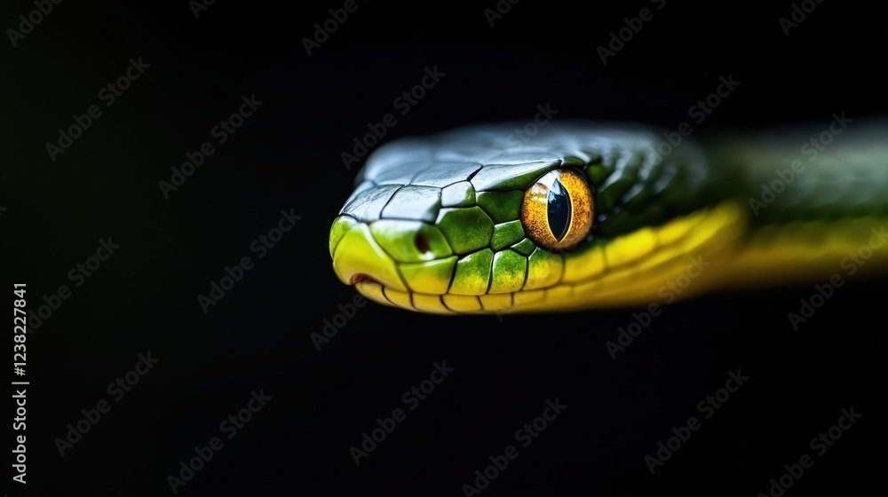 Fototapeta premium Lunar snake gliding gracefully against a black backdrop, showcasing its elegant colors and captivating eyes during a peaceful nighttime exploration