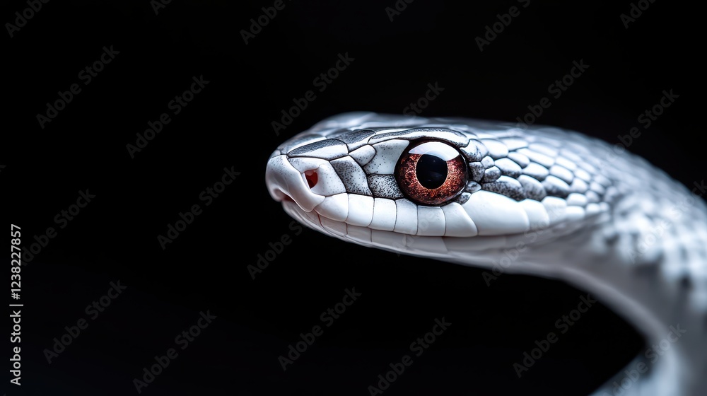 Lunar snake displays elegant features against a black background, showcasing its stunning scales and captivating eyes in a striking portrait Lunar snake displays elegant features against a black background, showcasing its stunning scales and captivating eyes in a striking portrait