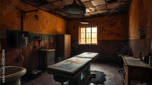 Abandoned old torture chamber with a decrepit operating table, scattered rusty tools, and ominous stains