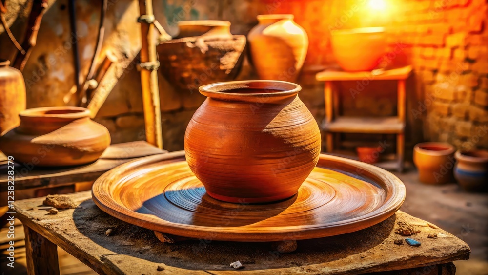 Rustic clay pot, handcrafted, sits on a wooden plate. Outdoor pottery workshop scene. Rustic clay pot, handcrafted, sits on a wooden plate. Outdoor pottery workshop scene.