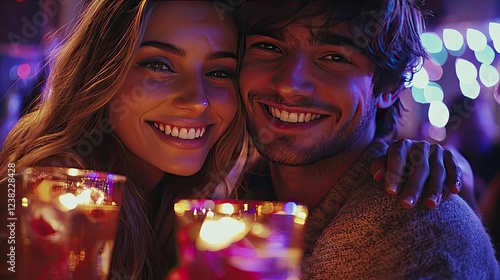 Reunion party concept. Joyful couple enjoying festive drinks at a lively evening celebration. photo