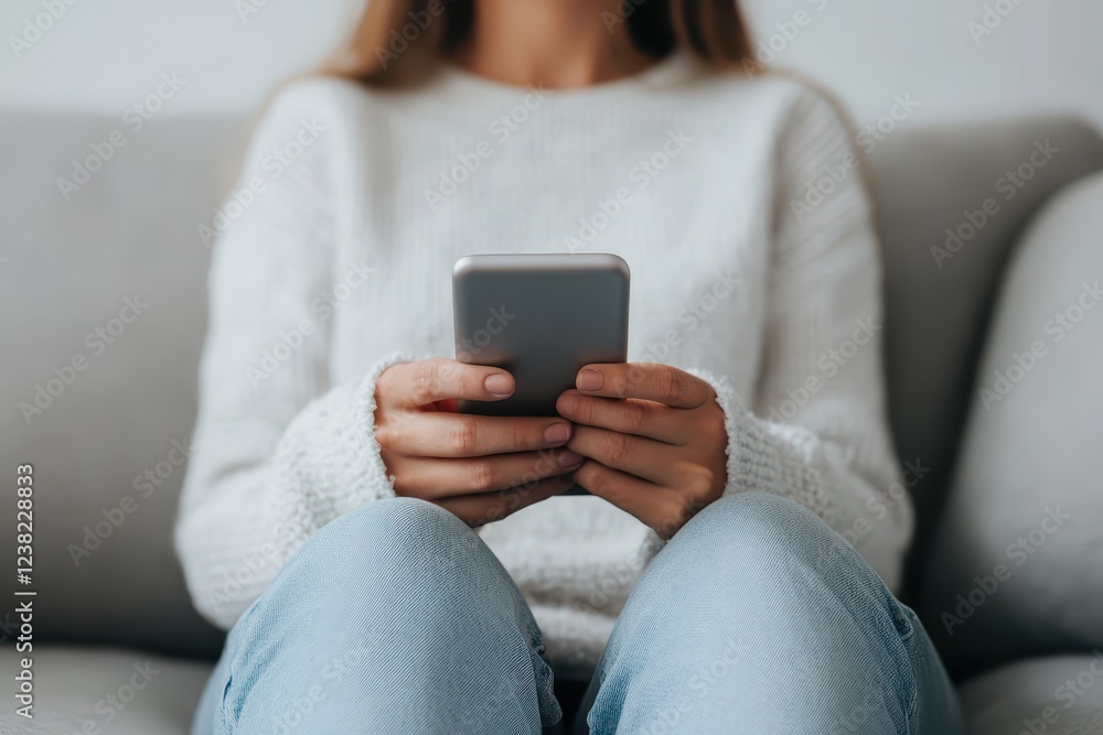 Close up view of a person using an AI-powered mental health application on a smartphone while relaxing at home in a cozy setting, emphasizing modern support for emotional well-being