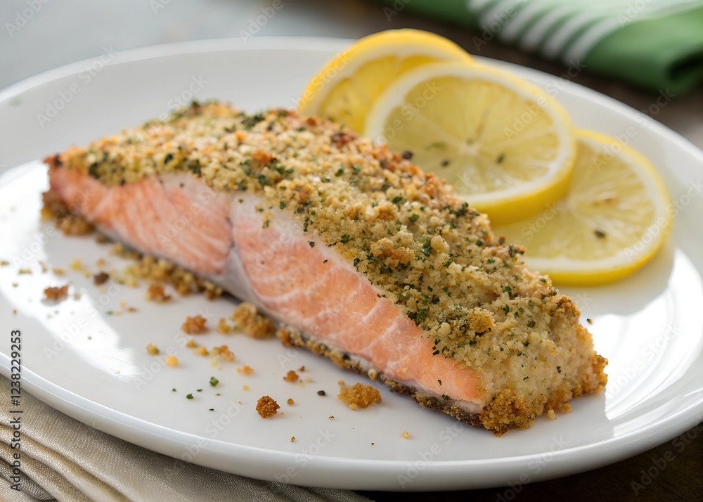 A baked salmon fillet with a chia seed and breadcrumb crust, served with a lemon wedge on a white plate, evoking a fresh, sunny vibe. A baked salmon fillet with a chia seed and breadcrumb crust, served with a lemon wedge on a white plate, evoking a fresh, sunny vibe.