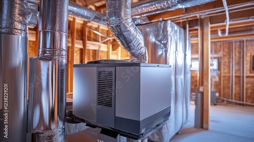 Modern HVAC unit in new home construction. Illustrates efficient home heating and cooling systems.