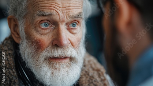 Elderly man with expressive blue eyes engaged in deep conversation in a cozy indoor setting photo