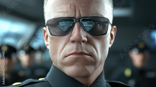 Stylish man in uniform and sunglasses, portrait of confidence authority photo