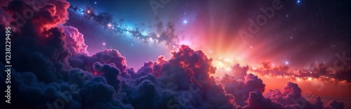 Colorful clouds like cotton candy fill sky. Cosmic colors blend with starlight. Milky way shines bright between clouds. Night sky full of stars. Vast universe. Stardust floats around. Space, cosmos. photo