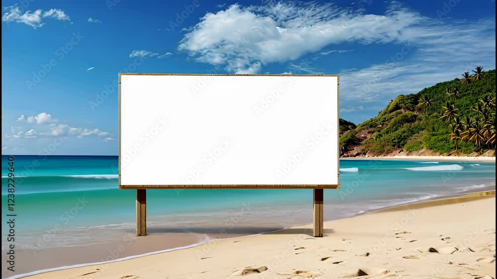 A tranquil beach with a blank billboard reflecting the serene beauty of sunlight and waves under a clear blue sky A tranquil beach with a blank billboard reflecting the serene beauty of sunlight and waves under a clear blue sky