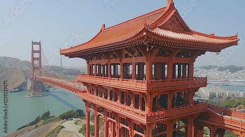 Majestic Chinese Pagoda Overlooking the Golden Gate Bridge: A Breathtaking San Francisco Landmark