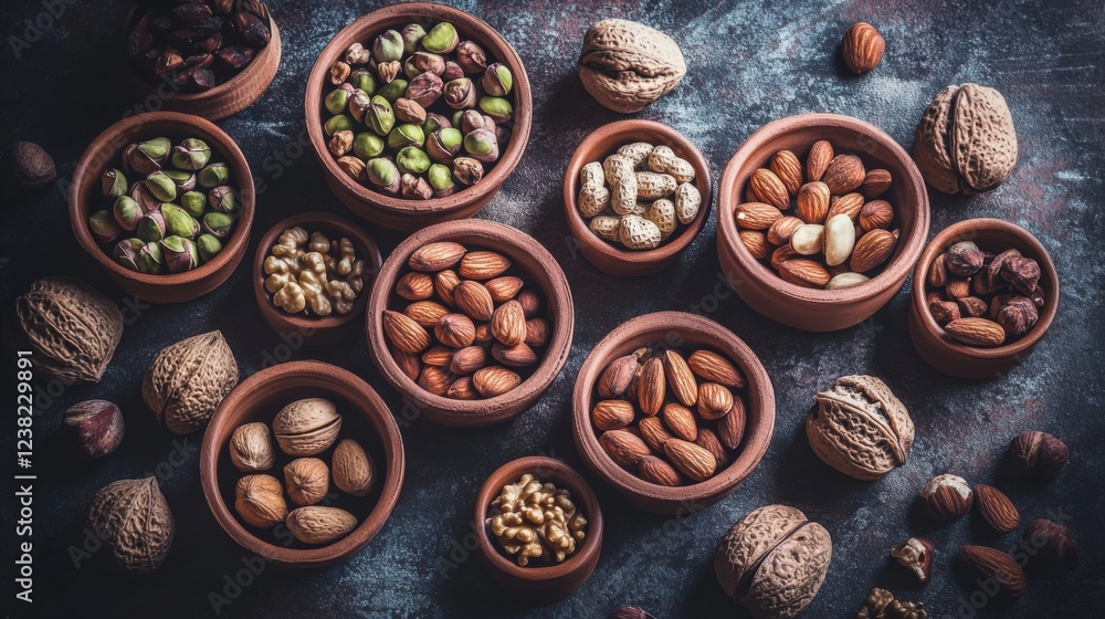 Top down view of rustic wooden board with brain boosting nuts. Walnuts, almonds, pistachios, hazelnuts, artfully arranged in small clay bowls. Top down view of rustic wooden board with brain boosting nuts. Walnuts, almonds, pistachios, hazelnuts, artfully arranged in small clay bowls.