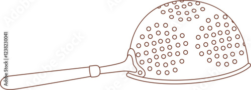 Simple line drawing featuring a brown kitchen strainer, showcasing round holes and a long handle, perfect for filtering ingredients and efficiently draining liquids