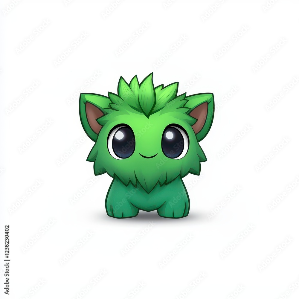 Fototapeta premium Cute fantasy mascot character with vibrant green fur and big sparkling eyes, ready for an adventure in a whimsical forest surroundings