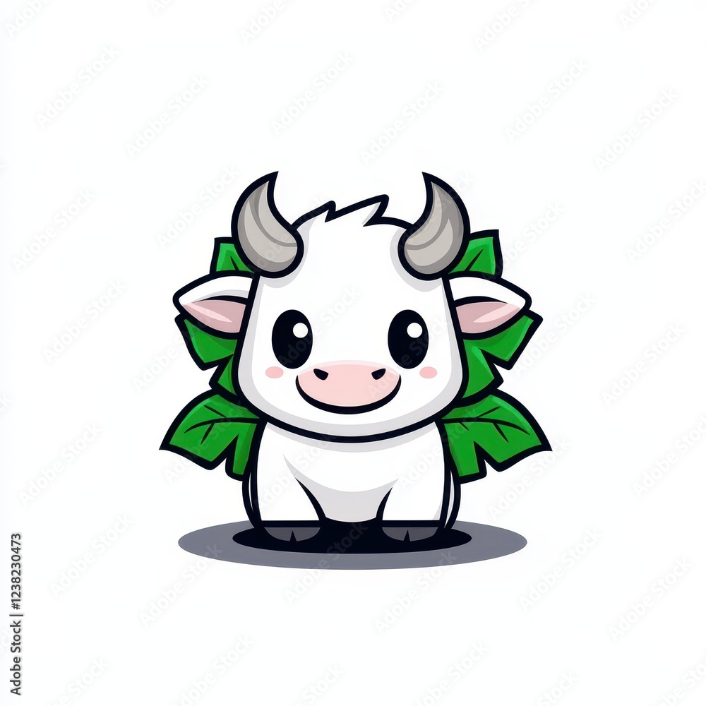 Fototapeta premium Cute fantasy mascot character featuring a cheerful cow surrounded by leafy greens in a whimsical and playful design, ideal for children's illustrations and branding