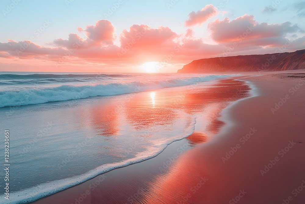 Fototapeta premium Serene Sunset Beachscape with Vibrant Reflections and Majestic Waves