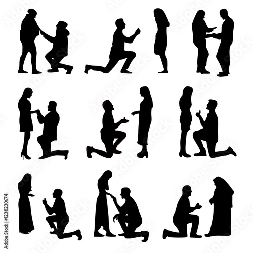 set of silhouettes of proposing couples, people, romantic couples, proposals, flat graphic resources	