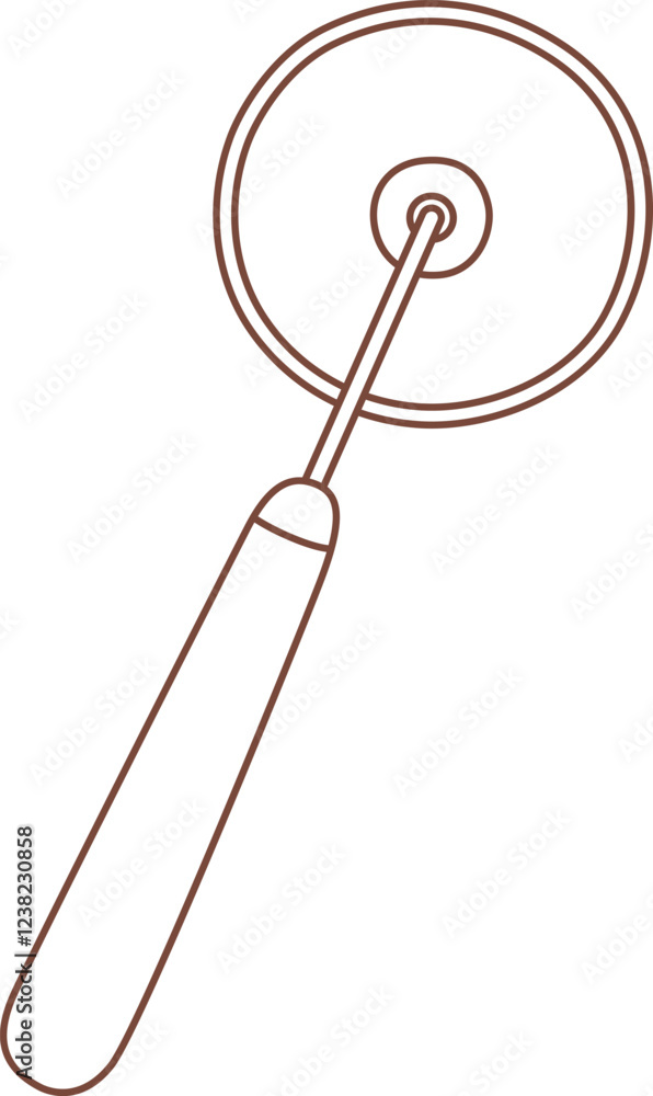 Brown outline of a pizza cutter featuring a round blade and a wooden handle, presented as an isolated vector illustration on a clean white background Brown outline of a pizza cutter featuring a round blade and a wooden handle, presented as an isolated vector illustration on a clean white background